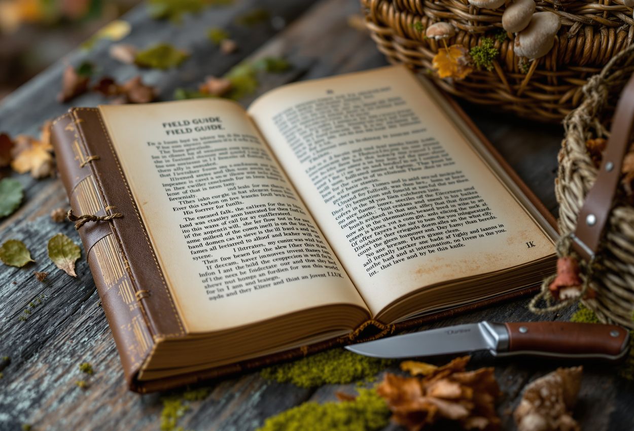 A close‑up photograph showing a field guide, small knife and woven basket arranged asymmetrically on a rustic surface. The background is softly blurred. Each tool displays fine detail—from the grain of the guide’s paper to the knife’s patina and the basket’s weave—creating a tactile, practical, and refined atmosphere.
