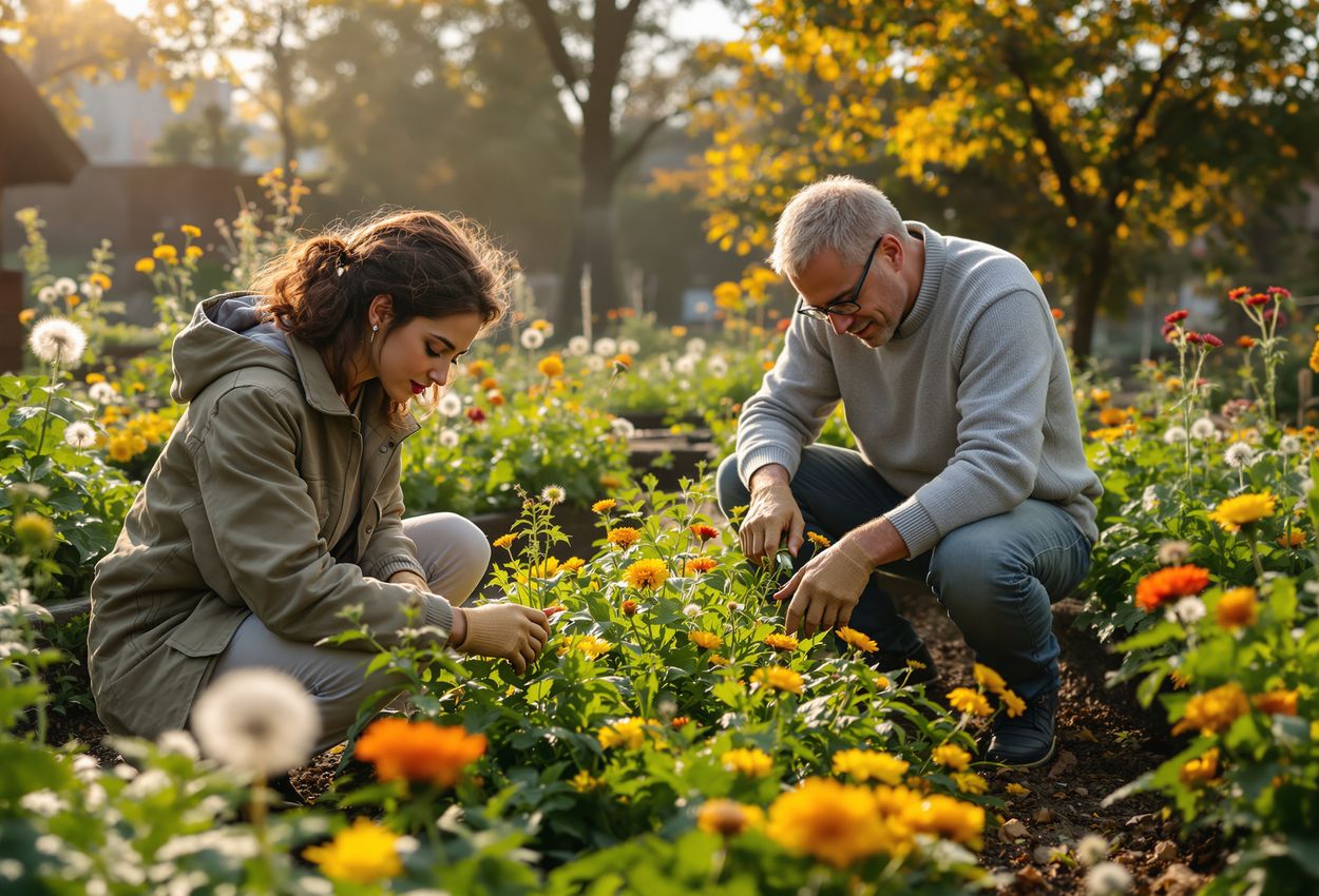 A community garden in early November with people tending diverse edible plants amid lush late‑season flowers and greenery in soft morning light.