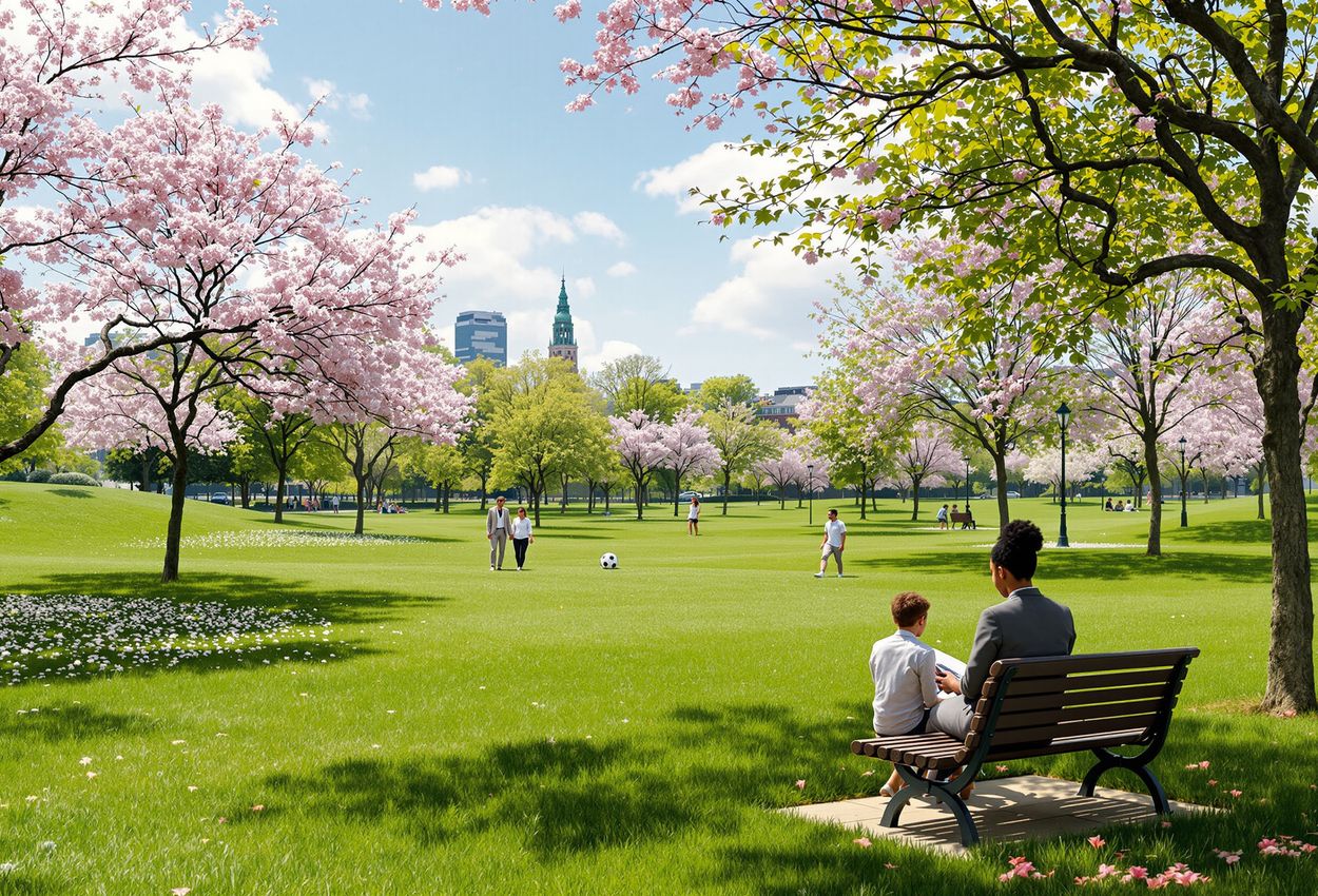 A detailed landscape‑oriented photograph showing Superkilen Park’s green lawns, cultural installations and diverse visitors on a sunny spring afternoon in Copenhagen.