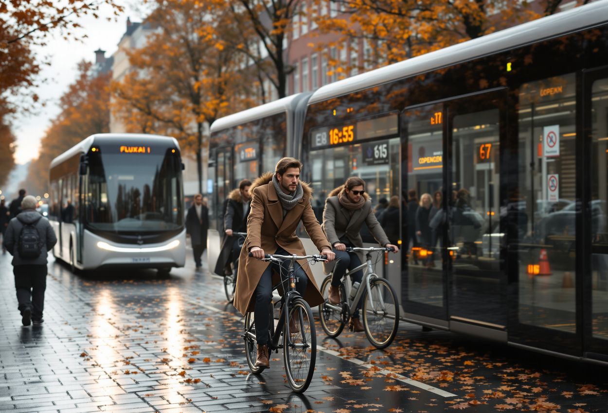 Street‑level autumn scene in Copenhagen: electric bus and cyclists flow together along a damp cobblestone street with fallen red and orange leaves, soft overcast light highlighting wet surfaces and architectural textures.