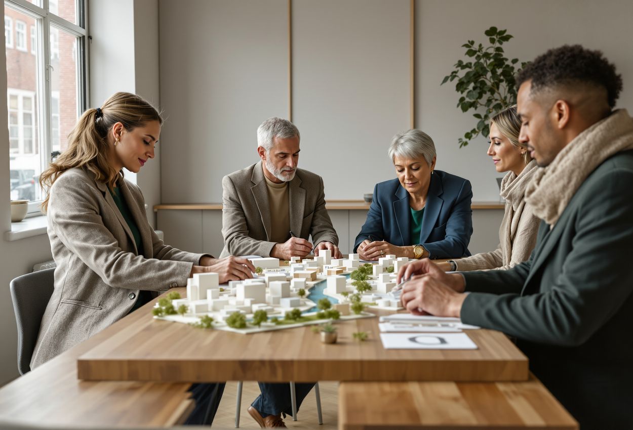 Interior scene of five people around an oak table reviewing architectural models and plans for a sustainable Copenhagen development, with realistic skin tones, detailed textures, and soft daylight lighting.