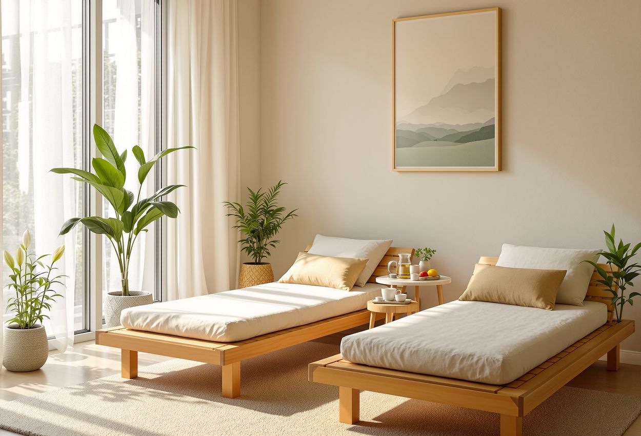 A serene daytime photo of a Zen‑inspired relaxation area, featuring two wooden loungers with linen cushions, herbal teas on a bamboo tray, soft natural light filtering through sheer curtains, minimalist artwork, neutral earthy tones, and lush greenery in a peaceful, balanced composition.