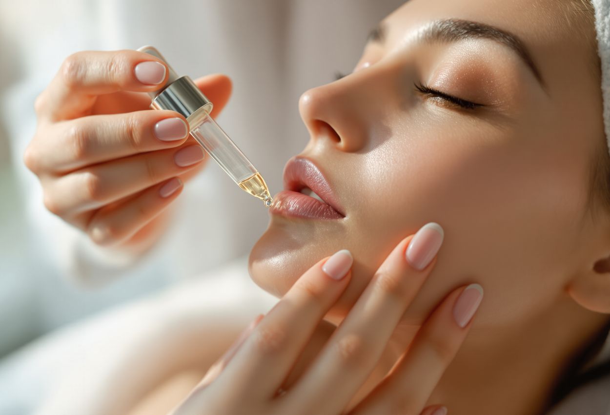 A highly detailed close‑up showing a skincare professional’s hands applying a luminous facial serum to a client’s radiant cheek, with natural daylight softly illuminating realistic skin texture and expert skincare tools.