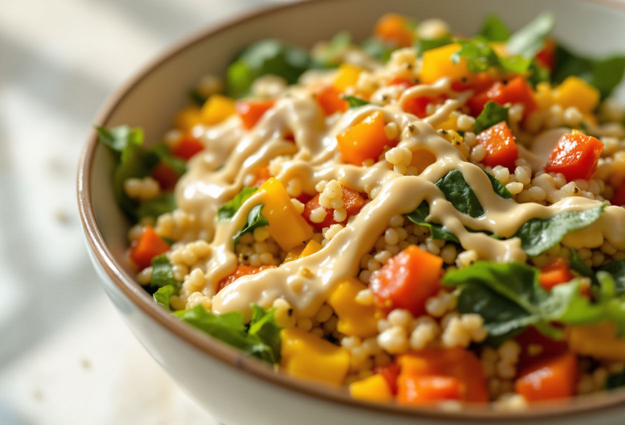 Close‑up image of a quinoa power bowl at a spa: fluffy quinoa, colorful vegetables, creamy lemon‑tahini dressing in soft natural daylight, shallow depth of field emphasizing texture and freshness.