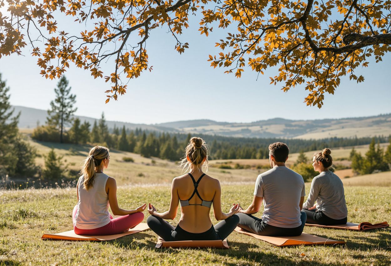 A high‑resolution daytime photograph of a group of adults practicing yoga and meditation outdoors under clear blue sky on November 1, 2025. The serene scene features six people arranged in a balanced circle on natural‑fiber mats among oak and pine trees. Warm, even light highlights textures—from linen clothing to bark and moss—while faces and skin show natural pores and subtle imperfections, conveying authenticity, community, and peaceful mindfulness.