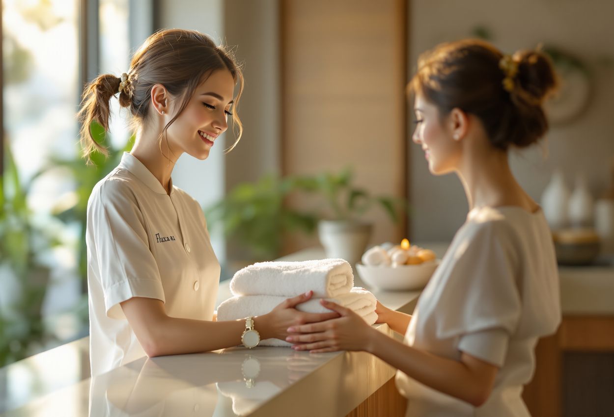 Photograph of a spa staff member offering personalized service to a guest in a luxury spa; soft daylight illuminates linen uniform and stone counter with shallow background blur for a serene, welcoming scene.