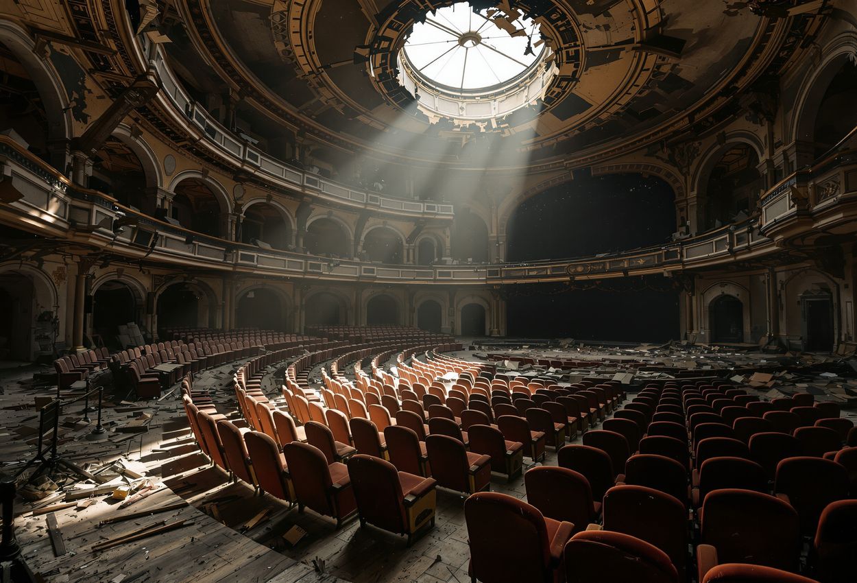 A wide‑angle view of an old, abandoned theater interior on a November morning. Sunlight streams through a hole in the roof, highlighting torn, dust‑covered seats and a debris‑strewn stage in hyper‑realistic detail.
