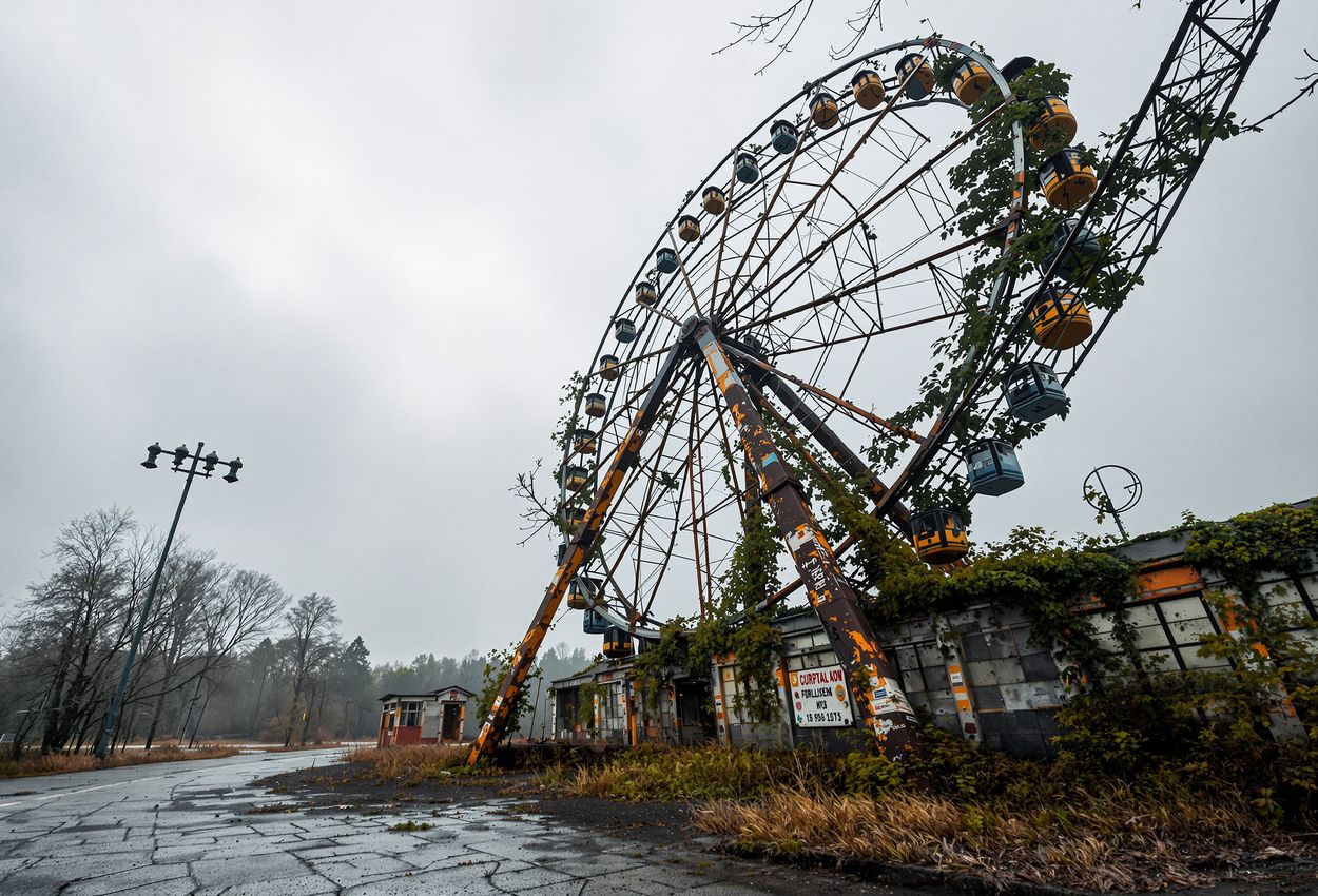 A long‑range view of the abandoned Ferris wheel in Pripyat, Ukraine, seen on an overcast November day. The rusty structure with yellow capsules is overgrown with moss and ivy, set against a cloudy sky. Cracked tarmac and vegetation form the foreground, with detailed textures of rust, peeling paint, and wet concrete visible.