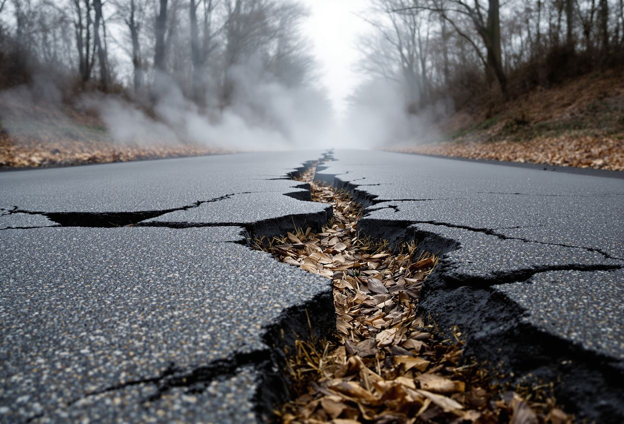 A medium‑shot photograph of a buckled, cracked asphalt road in Centralia, Pennsylvania, with pale smoke and steam rising through fissures. The overcast sky and misty air evoke a cool, damp November atmosphere, revealing weathered textures and deserted terrain.