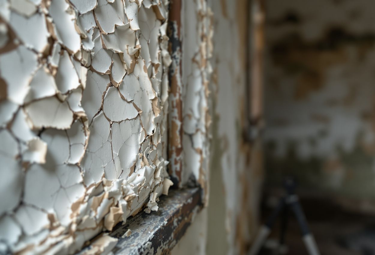A macro close‑up photograph showing a photographer’s gloved hands adjusting a camera on a tripod in front of intensely detailed peeling paint in an abandoned building; the curled, cracked surface is sharply illuminated by flash, with soft background elements forming a muted, dusty wall.