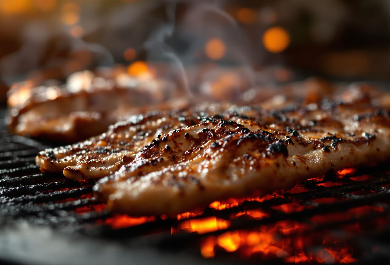 A close‑up photograph of chicken shish, lamb ribs, and Adana kebab sizzling on a charcoal grill at dusk, bathed in warm amber light, emphasizing smoky textures and tender cooking.