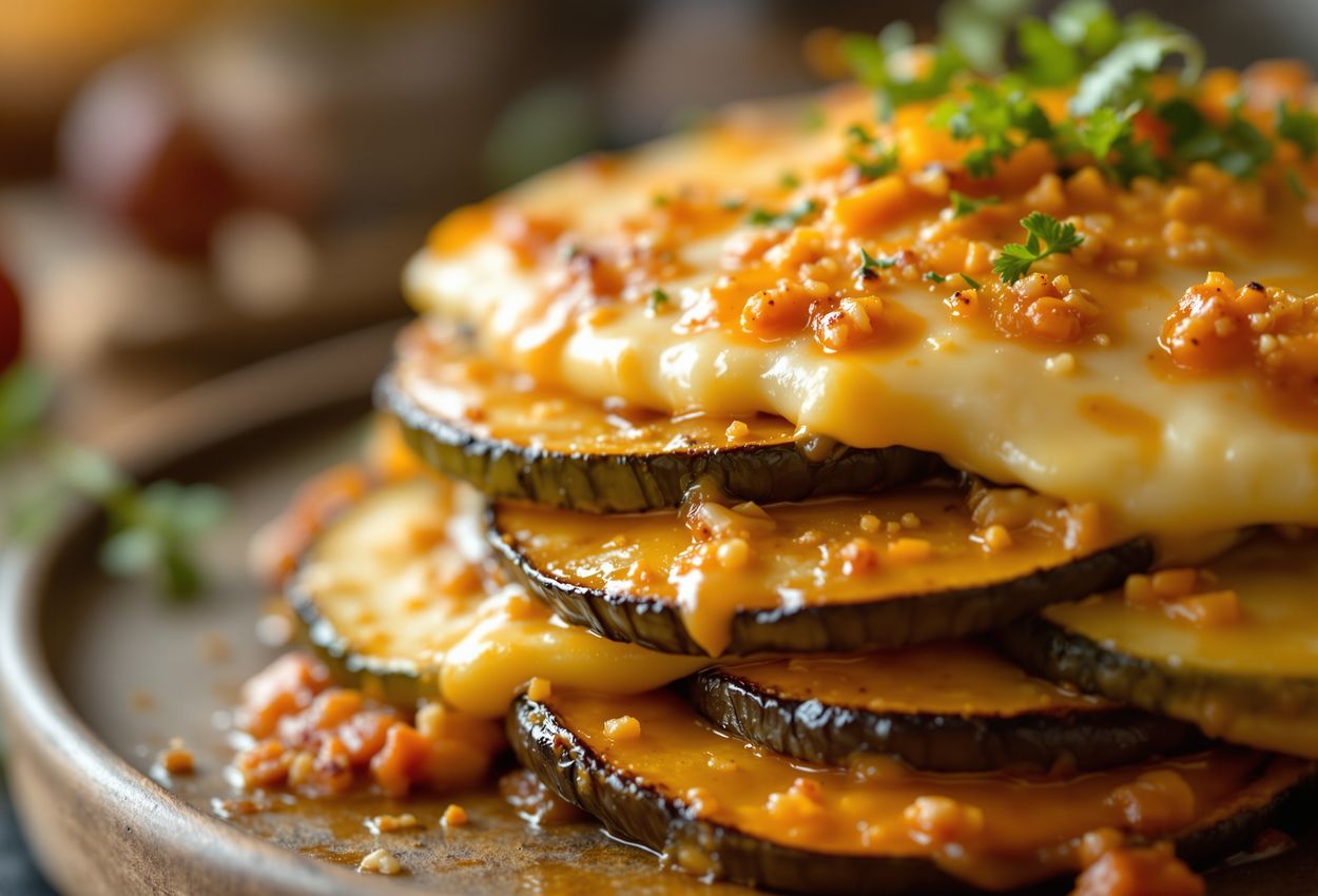 A close‑up macro photograph of a layered vegetarian moussaka featuring aubergines, courgettes, potatoes, béchamel sauce and melted mozzarella and cheddar, lit by warm natural midday autumn light, with visible texture and depth in a masterful culinary presentation.