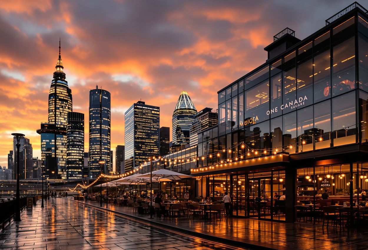 A wide‑angle dusk view of Canary Wharf’s illuminated skyline in autumn, with Moira Restaurant subtly visible in the foreground, wet pavement reflecting warm lantern light and skyscrapers glowing under a rose‑gold sky.