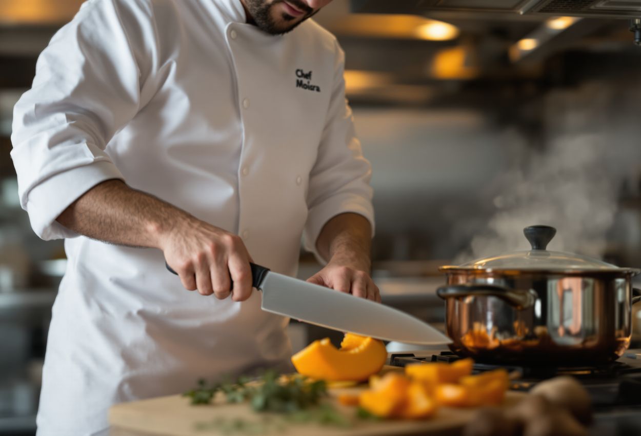 Close‑up portrait of a professional chef in a warm, tungsten‑lit autumn kitchen mid‑day, showing detailed skin, chef’s jacket with flour, autumn vegetable ingredients, and professional kitchen tools.