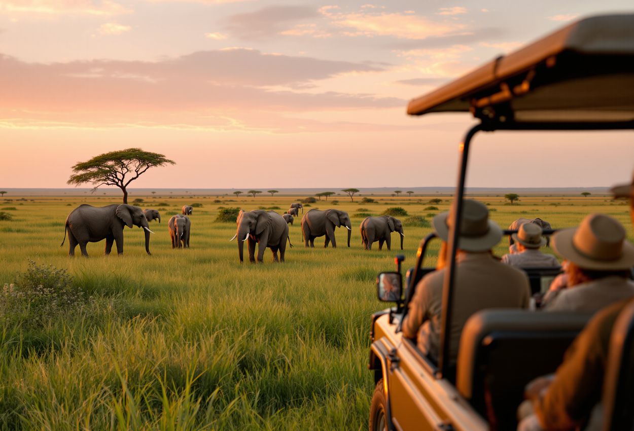 A family in an open safari vehicle watches a herd of elephants grazing on lush green savannah at sunset, with Mount Kilimanjaro visible in the distance and warm golden light bathing the scene.