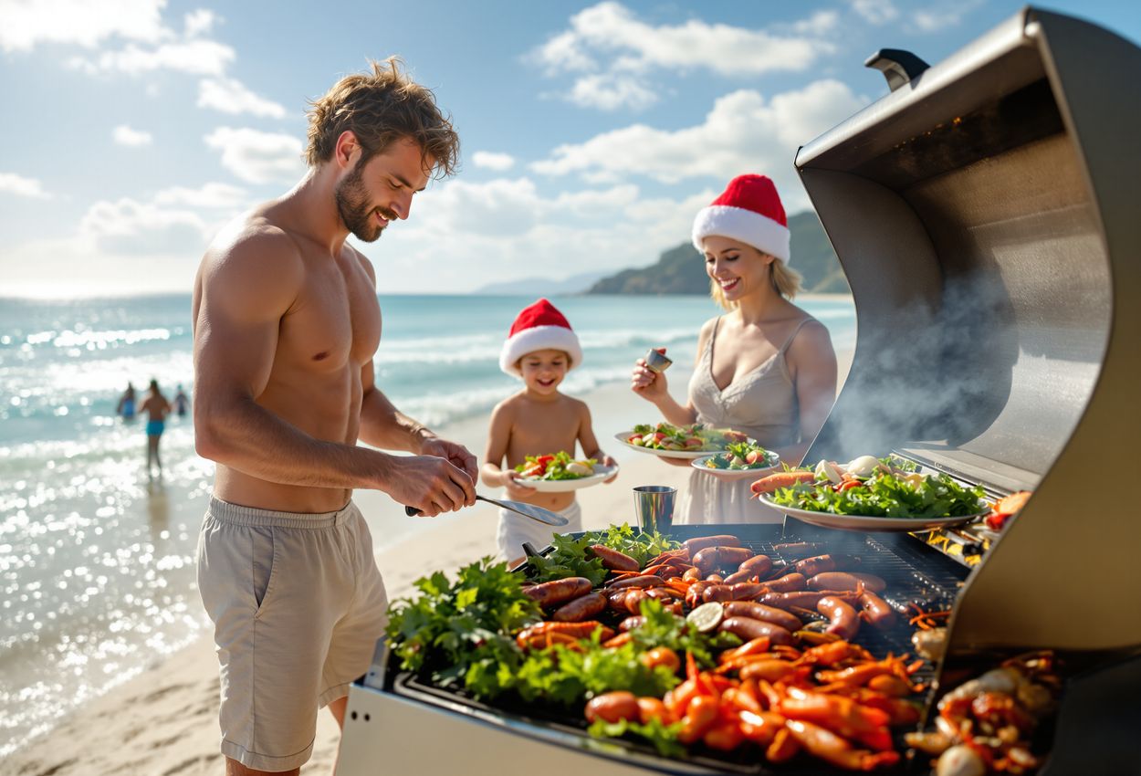 Photo of a family gathered around a barbecue on a New Zealand beach on December 25, 2024. A man in swim trunks, a woman in a linen dress, and children wearing Santa hats are centered by a flowering pōhutukawa tree. The turquoise ocean and blue sky frame the scene.