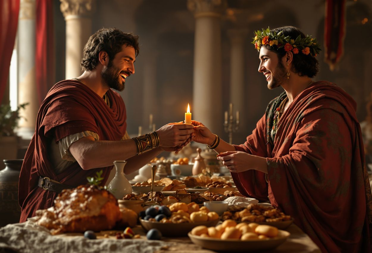 A richly lit winter celebration scene showing Romans in colorful synthesis robes exchanging a candle and a small figurine amidst a feast in a courtyard decorated with garlands and classical columns.