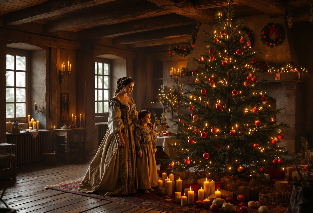 A warmly lit interior of a 16th‑century German home on December 24, showing a family gathered around a fir tree decorated with apples, paper roses, wafers, and candles, softly illuminated by candlelight and rich period textures.