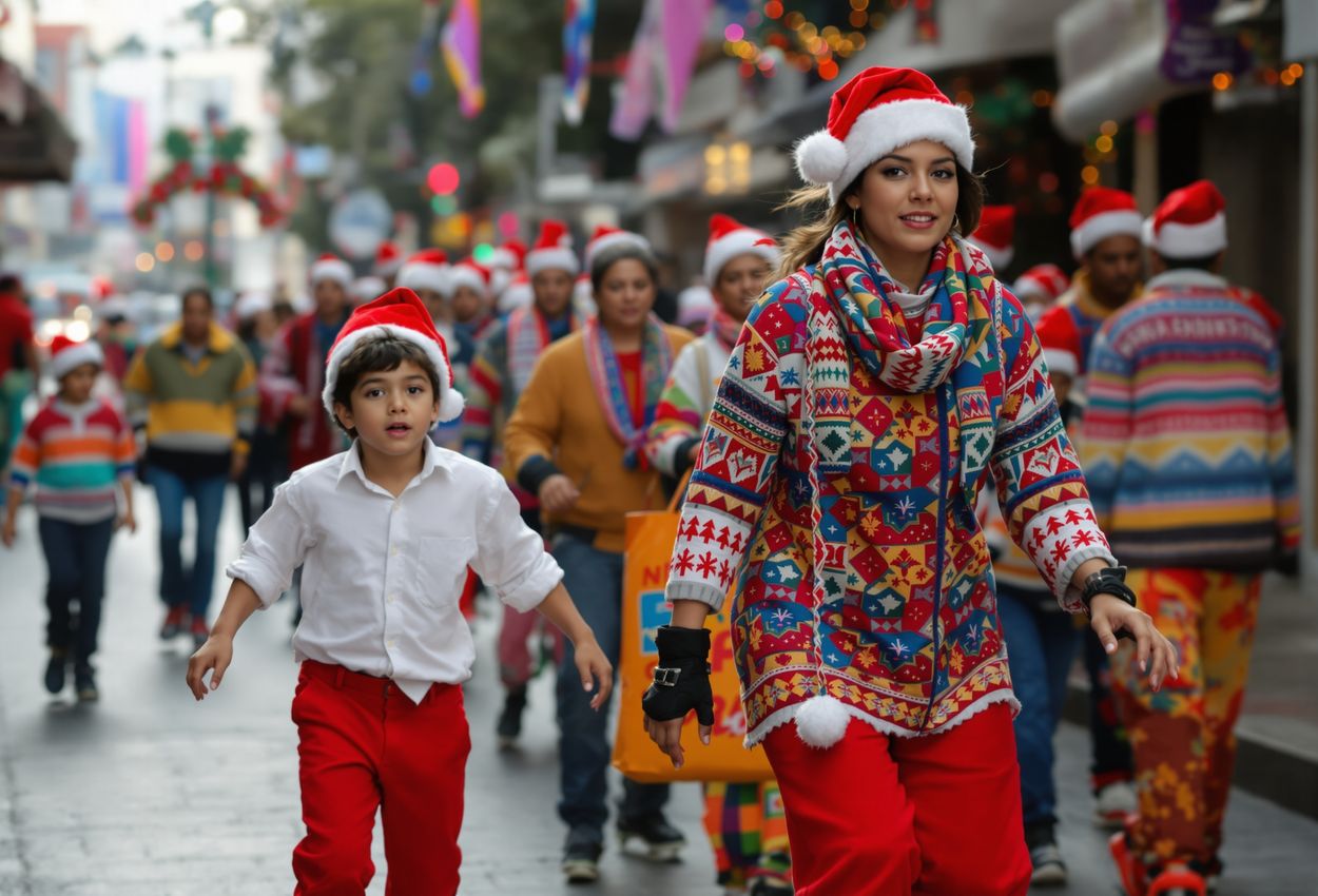 A lively Christmas morning street in Caracas where families, dressed in new festive clothing and Santa hats, rollerskate toward church along a partially closed, decoration‑lined avenue against historic colonial architecture.