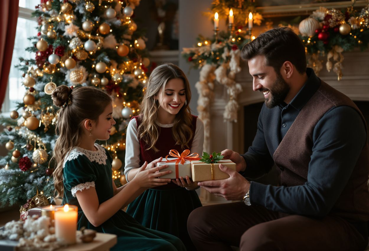 A warmly lit Victorian-era parlor on Christmas Day. A family in period clothing gathers around a feather Christmas tree decorated with handmade ornaments, dried fruit, and candles. Children in velvet and lace hold gifts while adults watch with affectionate smiles. Rich textures of lace, velvet, brass, and wood fill the scene.