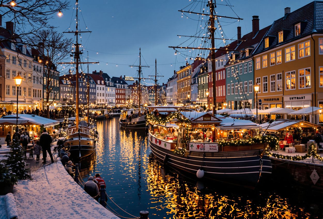 A wide‑angle winter evening photo shows the festive Nyhavn Christmas market beside Copenhagen’s colorful canal. Wooden stalls with glowing lights offer gløgg and æbleskiver. Reflections ripple in the canal. Historic pastel‑painted 17th‑ and 18th‑century waterfront buildings rise behind. Visitors in warm coats stroll the cobbled quay under soft evening light.
