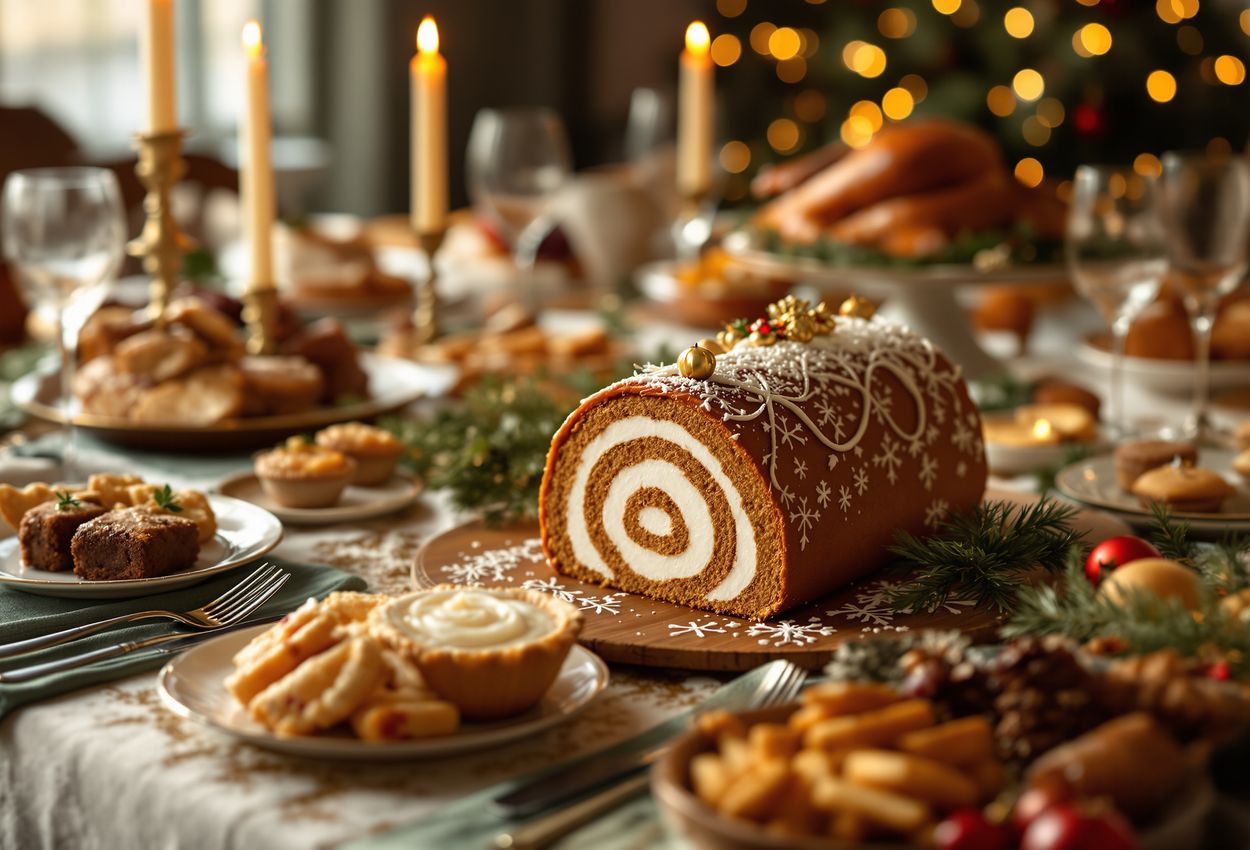 A richly set Christmas table seen in landscape orientation, featuring a Yule log cake in the foreground accented by roast turkey, plum pudding, mince pies, and gingerbread cookies, arranged on fine china with crystal glasses, silverware, and candlelight creating a warm, elegant, abundantly festive scene.