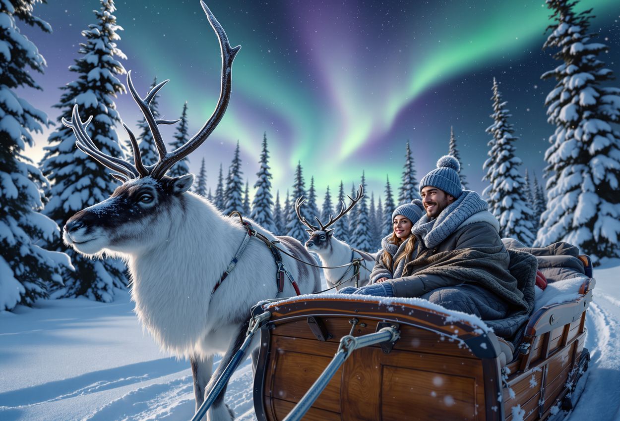 A winter landscape photograph showing a couple seated in a reindeer-pulled sleigh moving through a snow-covered forest in Rovaniemi on November 21, 2025. The scene features reindeer with frosted antlers in the foreground, passengers wrapped in warm blankets in the middle ground, and vibrant northern lights glowing green in the sky above the darkened trees.