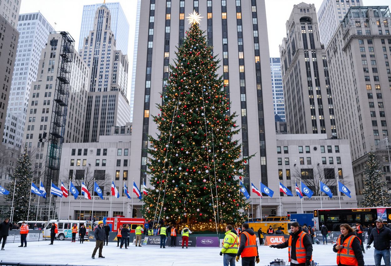 Rockefeller Center Christmas Tree Arrival with Skaters and UN Flags on Overcast Day Ground‑level photo of Rockefeller Center’s 75‑foot Norway spruce being erected on November 8, 2025, with ice‑skating rink bustling with skaters and United Nations flags in the background under soft overcast light.