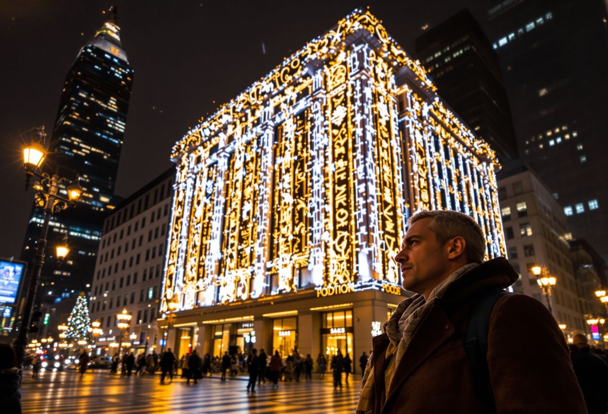 Nighttime scene of Saks Fifth Avenue holiday light show on Fifth Avenue, New York City A long‑exposure nighttime photograph of the Saks Fifth Avenue flagship in Midtown Manhattan, adorned with synchronized holiday light projections across its neoclassical stone façade, surrounded by pedestrians in winter coats and glowing city lights.