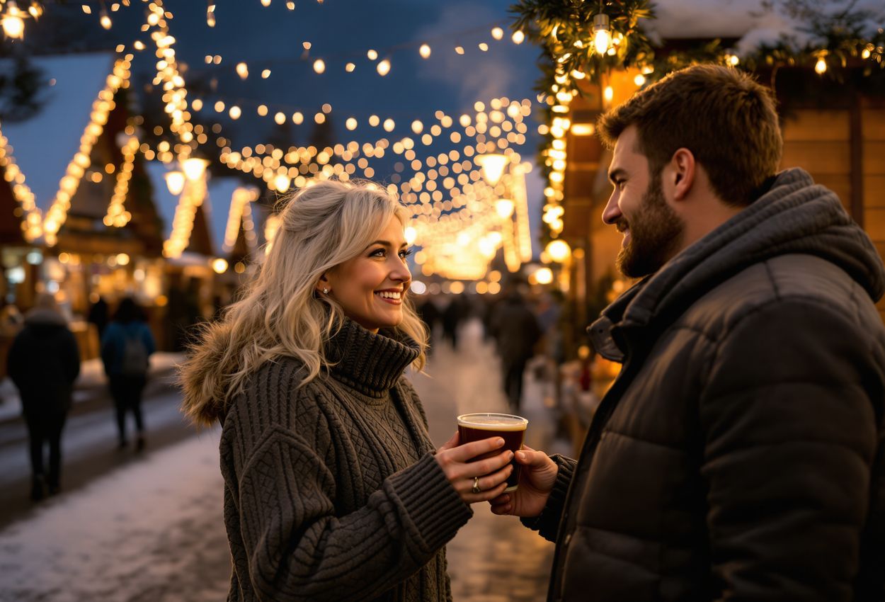 A nighttime landscape photograph of Reykjavik’s Ingólfstorg Square during a Christmas market: warmly lit wooden stalls, gently falling snow, a female vendor in a wool sweater handing a mug to a visitor, illuminated pastel buildings in the background, rich textures and a festive atmosphere.