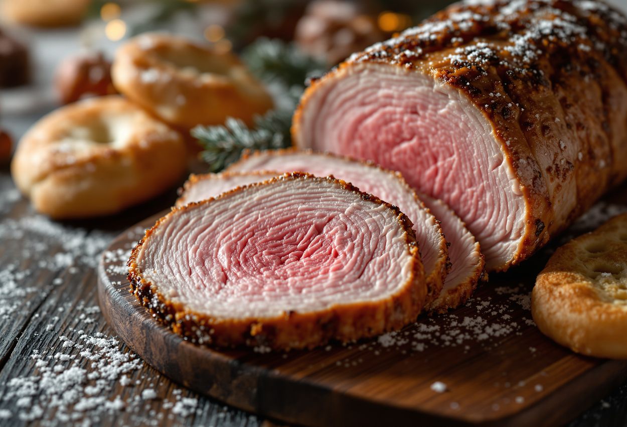 A detailed close‑up photograph of traditional Icelandic Christmas treats on a rustic wooden table: thinly sliced hangikjöt (smoked lamb), patterned laufabrauð leaf bread, and sugar‑topped piparkökur ginger snaps, lit by warm indoor light creating a rich, textured, festive scene.