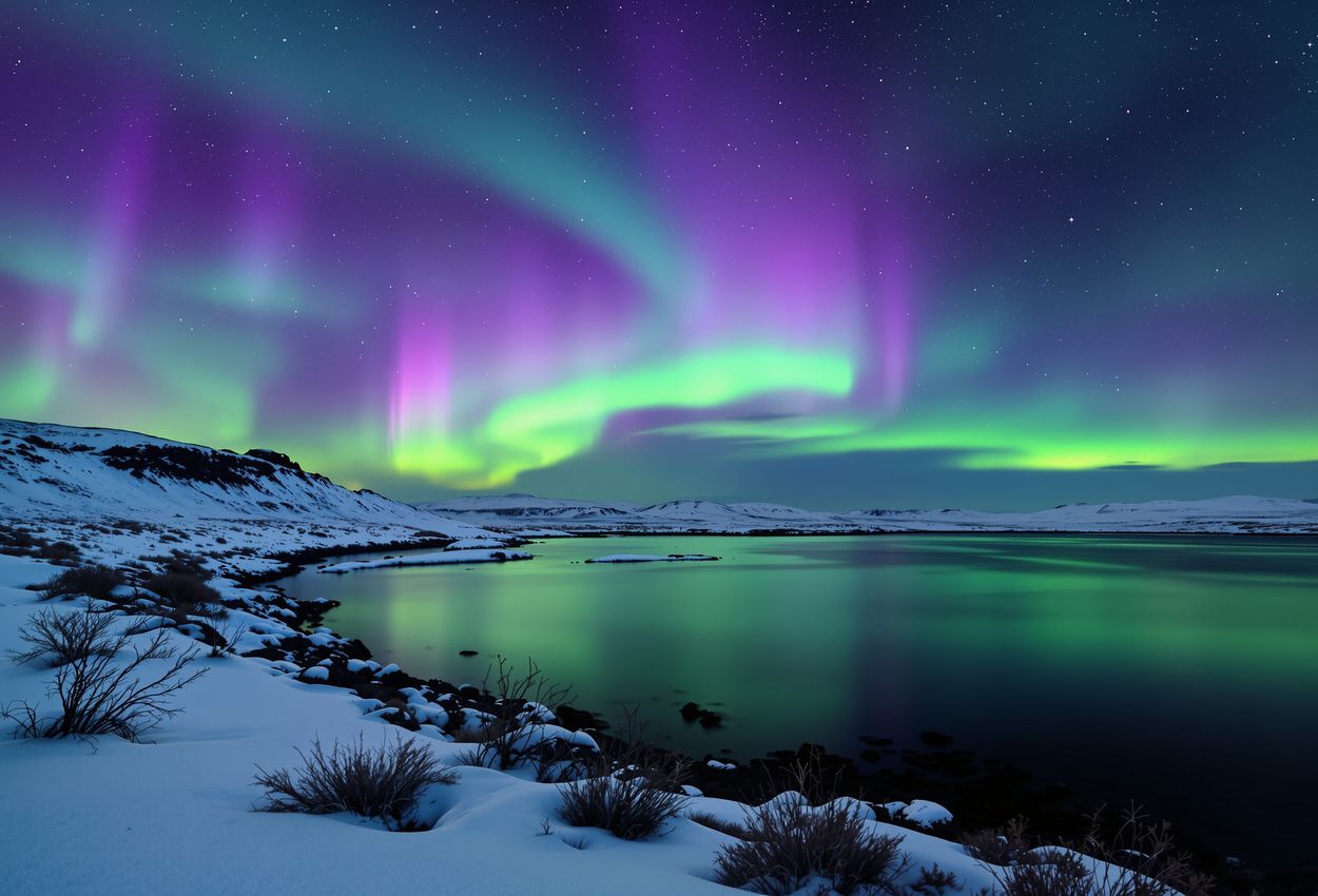 A long‑exposure photograph capturing vivid green and purple Northern Lights dancing over the snow‑covered rift valley and deep lake of Þingvellir National Park under a clear starry sky.