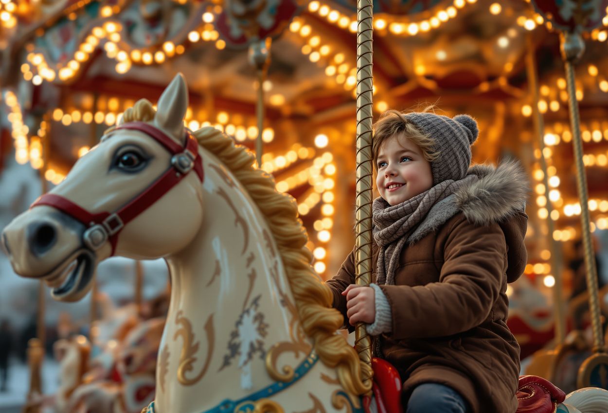Venetian Carousel Close‑Up at Gdańsk Christmas Market in Winter Light A close‑up image of two children joyfully riding a richly detailed Venetian carousel at Gdańsk’s winter Christmas market. The scene features glowing lights, festive stalls, wooden ornaments, and natural textures, with a sharply focused foreground and softly blurred background evoking a warm, magical atmosphere.