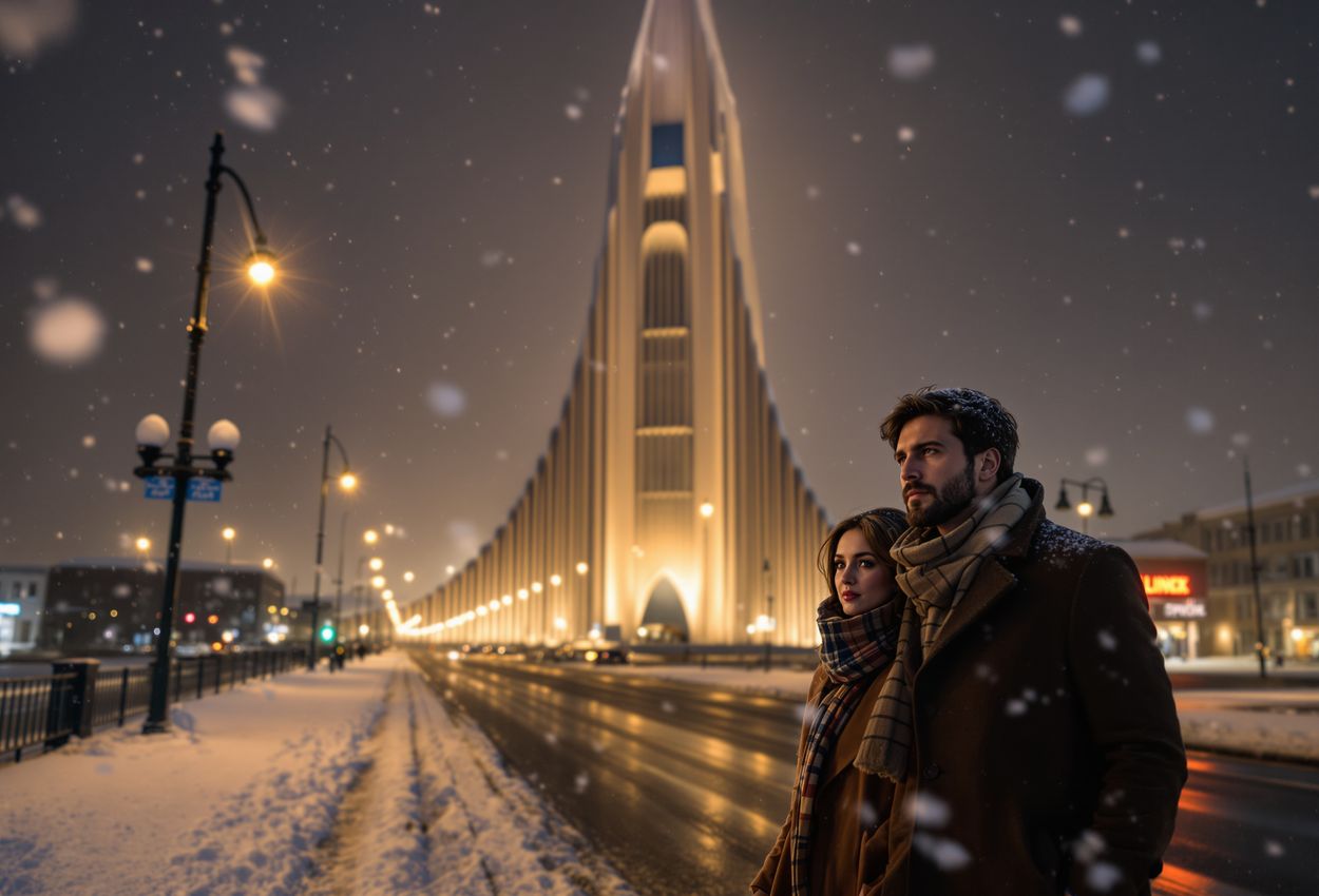A winter evening photograph showing Hallgrímskirkja Church in Reykjavík softly illuminated by warm Christmas lights. Snow falls gently as two figures stroll peacefully in the quiet street, with the soaring tower rising into a deep evening sky.