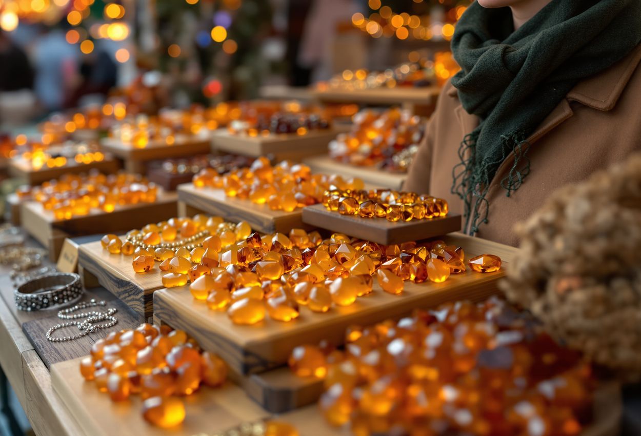 Gdańsk Christmas Market Amber Jewelry Close‑Up, December Chill and Craftsmanship Close‑up scene of amber necklaces, bracelets, and earrings on a wooden display at a Gdańsk Christmas market stall, illuminated by warm soft lights. A vendor’s realistic hand with visible skin texture adjusts a piece, with blurred festive background of Old Town stalls.