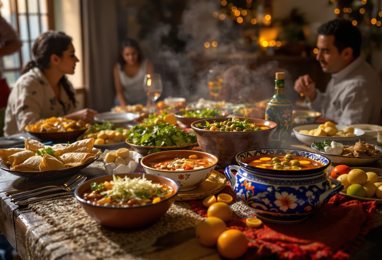 Warm and Lush Nochebuena Family Feast in San Miguel de Allende Home A warm, candlelit scene of a traditional Nochebuena dinner in a San Miguel de Allende home: a richly laden wooden table with tamales, pozole, bacalao, and ponche, surrounded by family members sharing food and laughter under soft golden light.