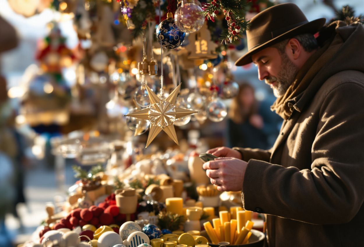 A close‑up daytime photograph of a craftsman’s stall at Vienna’s Christkindlmarkt on Rathausplatz, showing richly detailed handmade glass ornaments, wooden toys and candles in natural light, with a vendor and a customer visible.