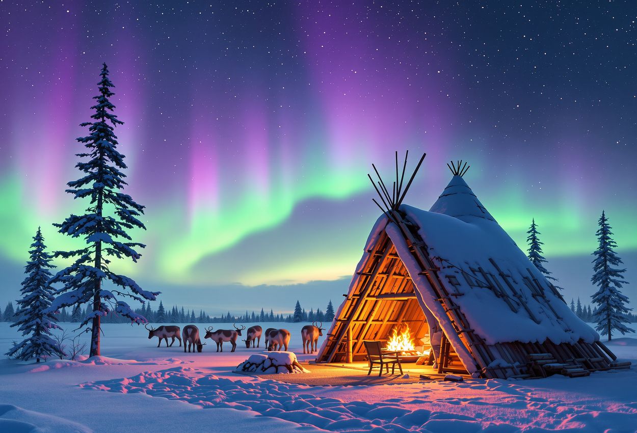 A nighttime scene showing a snow‑covered Arctic landscape in Lapland on Christmas, featuring a traditional Sami lavvu with a warm fire inside, grazing reindeer in the distance, and a vibrant aurora borealis lighting the sky.