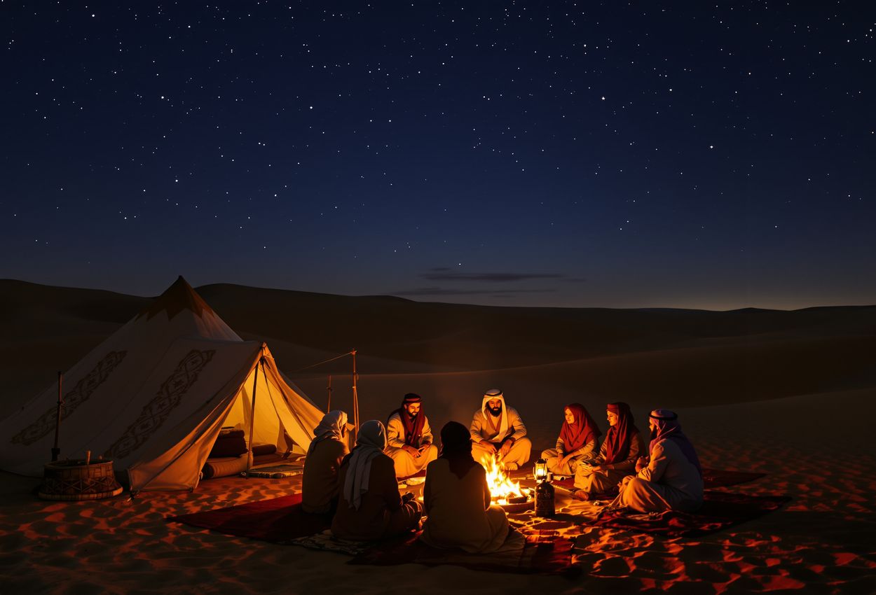 A night in the Omani desert during winter: a Bedouin camp with lantern‑lit tents and people gathered around a campfire under a dazzling new‑moon sky filled with stars.