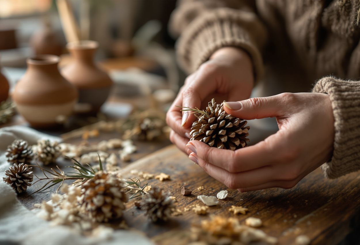 Close‑up of hands shaping Christmas decorations from pine cones, twigs, and desert flora on a rustic wooden bench, bathed in warm winter light streaming through a workshop window.