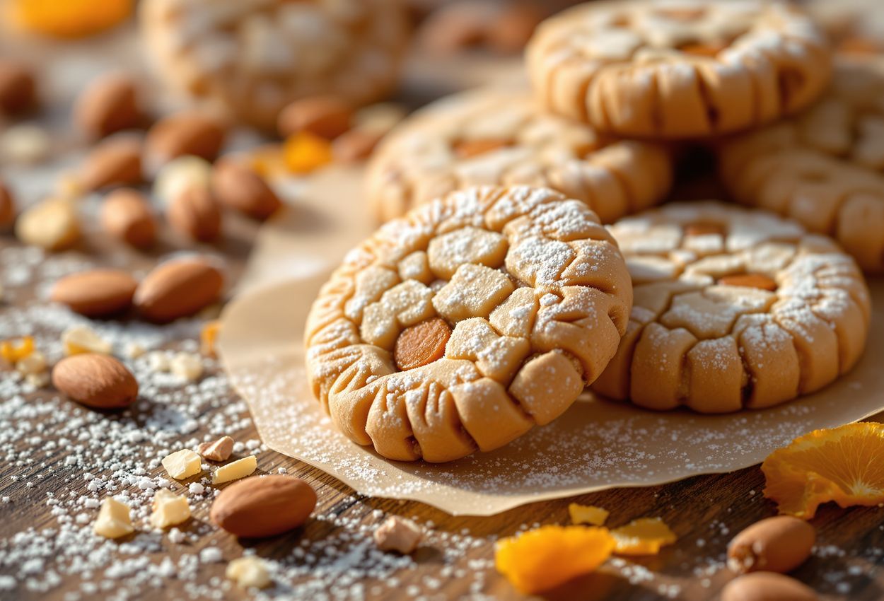 A close‑up photograph shows round, nut‑rich German Lebkuchen cookies with candied orange and lemon peel, almonds, and powdered sugar on a rustic wooden table, lit by soft natural daylight highlighting their rich textures.