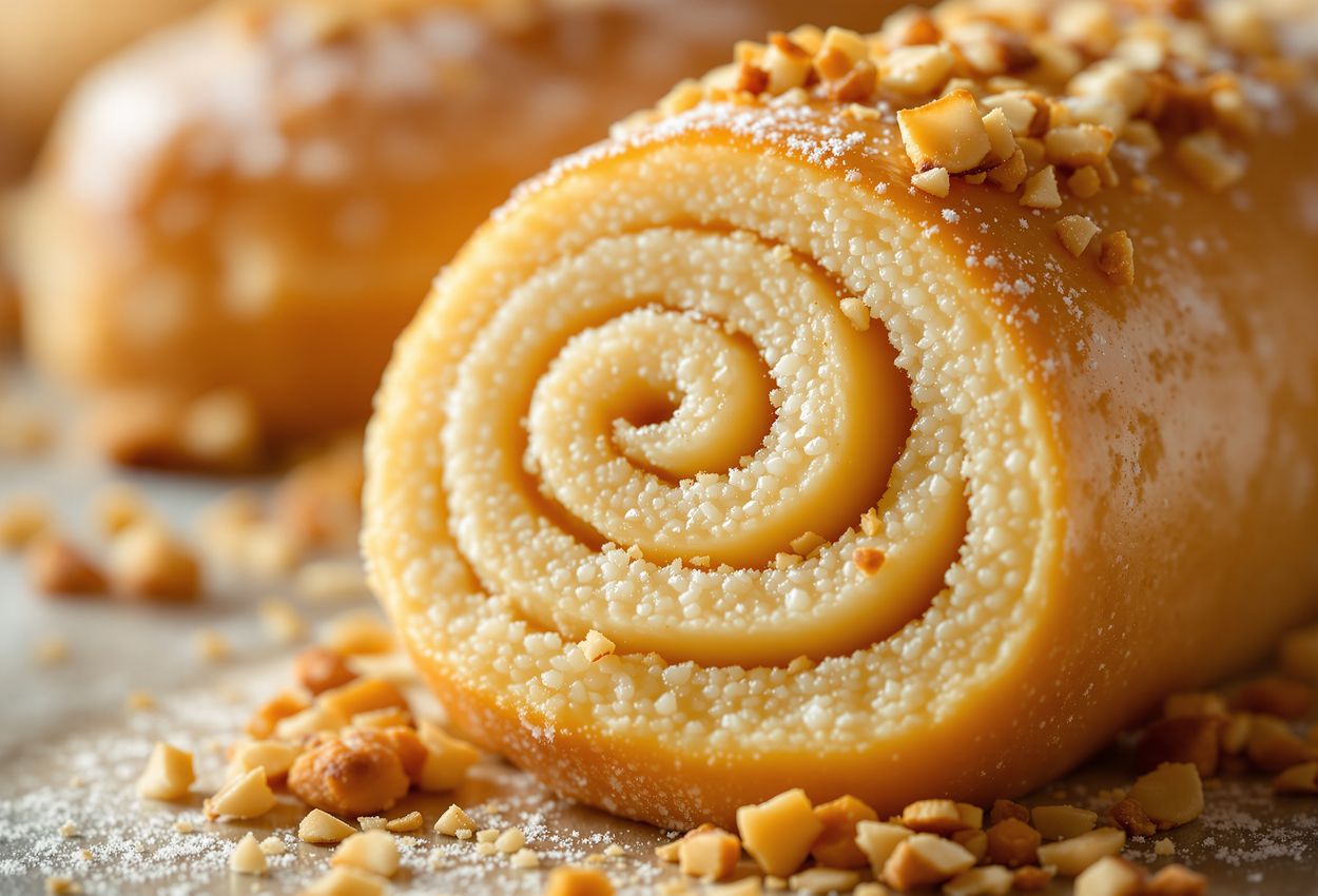 A detailed close‑up photograph of a sliced Polish poppy‑seed roll with visible swirls of poppy seed filling, glossy sugar glaze, and chopped nuts, softly lit by natural diffused light, evoking warmth and artisanal indulgence.