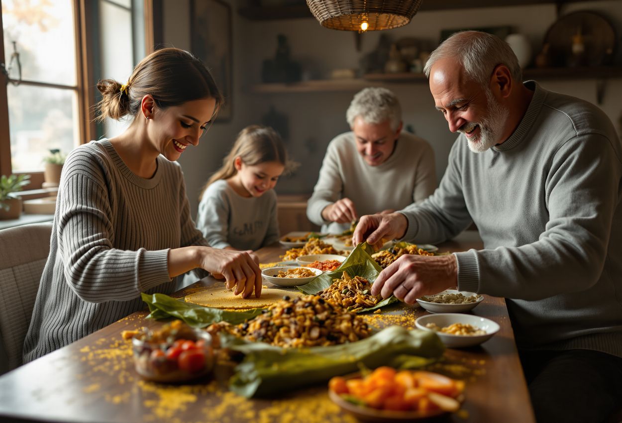 A warm, candid scene of a multi‑generational family around a wooden table, assembling Venezuelan Christmas hallacas with masa on banana leaves, guiso fillings, natural light highlighting textures and expressions.