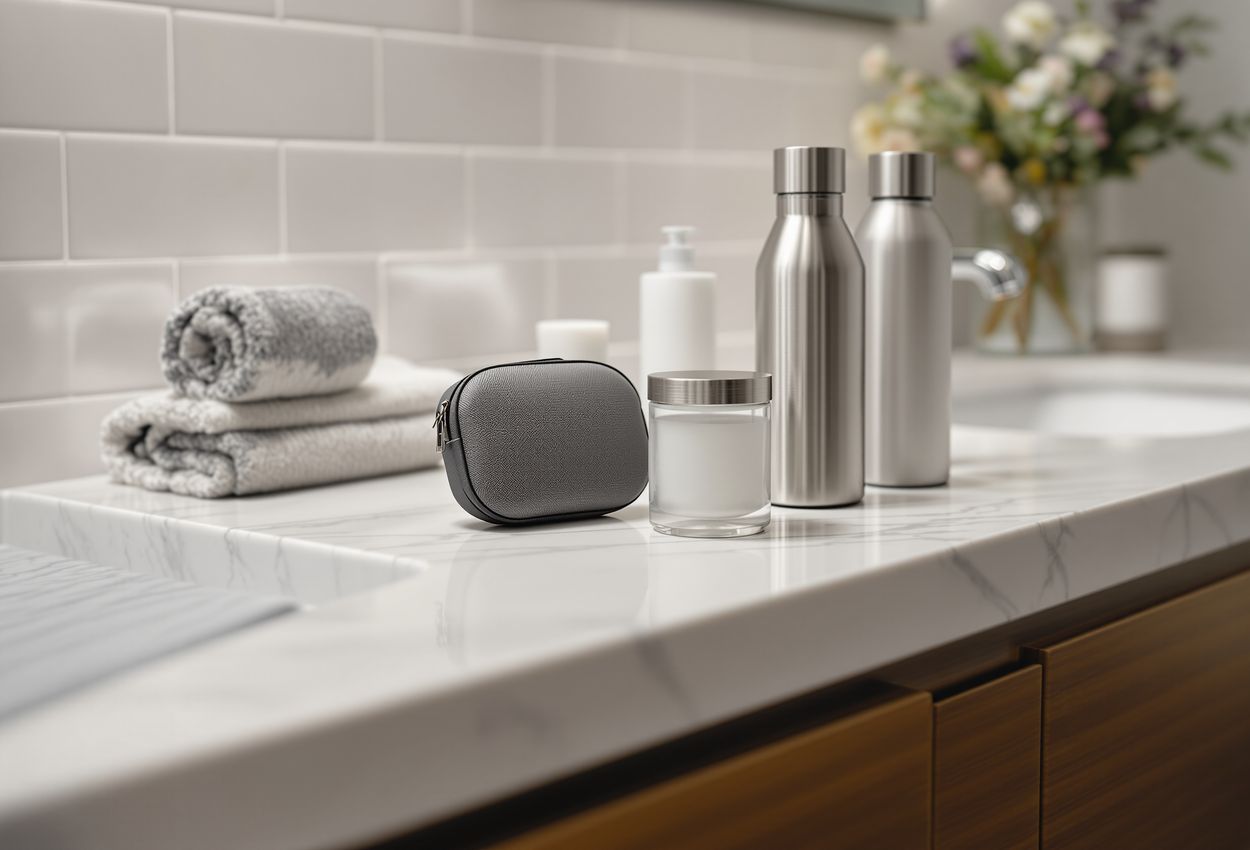 Close‑up of Essential Travel Health Items on Luxury Bathroom Counter Photo shows a first‑aid kit, hand sanitizer, travel toiletries and a reusable water bottle arranged on a clean bathroom counter with blurred shower and sink in background. Hyperrealistic details such as subtle fingerprints, marble veining, and condensation emphasize textures.