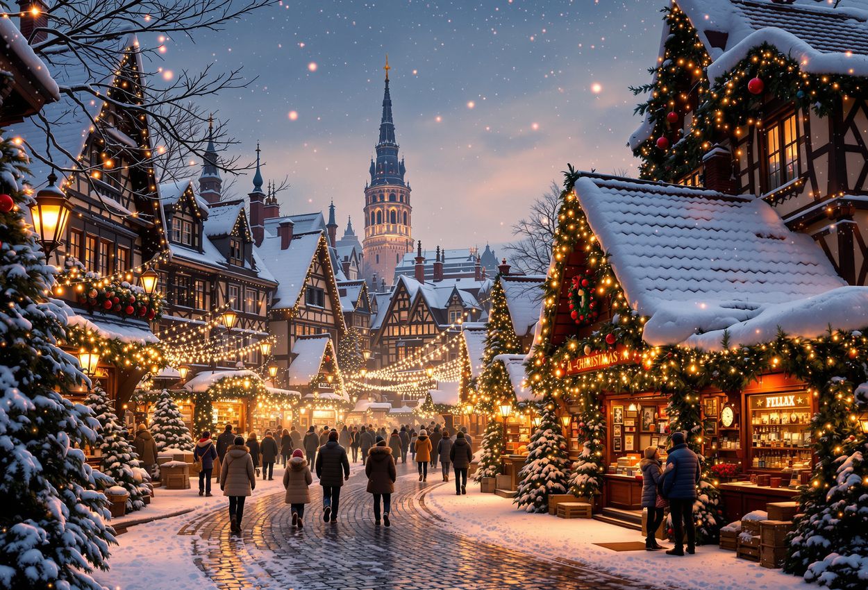 A snow‑blanketed European town square at twilight filled with wooden market stalls decorated with twinkling lights and festive greenery, softly blurred figures strolling through the market, and a distant historic tower glowing under falling snow.