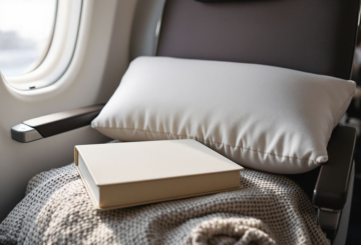 Luxury airplane seat comfort still life with travel pillow, blanket and book A window‑side airplane seat with a contoured travel pillow, a hardcover book, and a textured travel blanket, softly lit by natural daylight through the window, offering a quiet moment of comfort and sophistication.