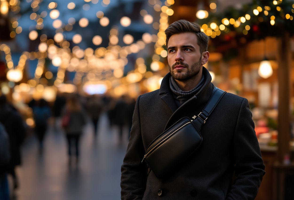 A photo of an adult man walking through a crowded, festively decorated Christmas market at dusk with a zippered cross‑body bag across his chest; the scene shows warm lantern light, market stalls, and cobbled street in soft focus behind him.