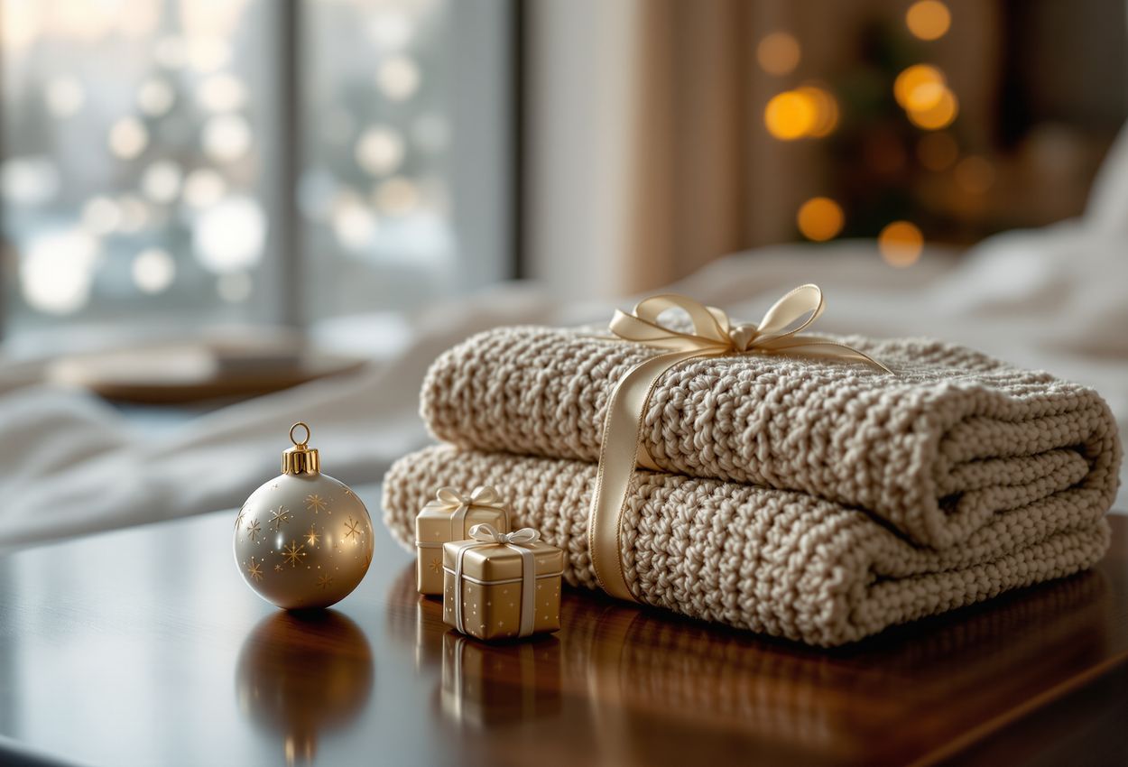Cozy luxury winter getaway desk scene with festive ornament and gifts A richly detailed photograph of a hand‑painted Christmas ornament, a wool festive sweater, and two small wrapped gifts arranged on a dark wood hotel desk. The background shows a softly blurred bed and snowy window, with warm indoor lighting creating a cozy, aspirational winter holiday ambiance.