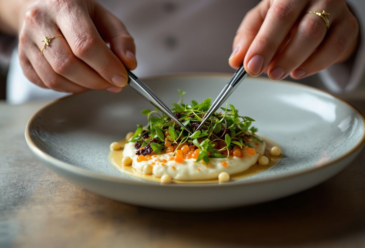 Close‑up photograph of a chef’s hands plating an intricately detailed holiday tasting‑menu dish, with rich textures and blurred background providing depth and focus on the culinary artistry.