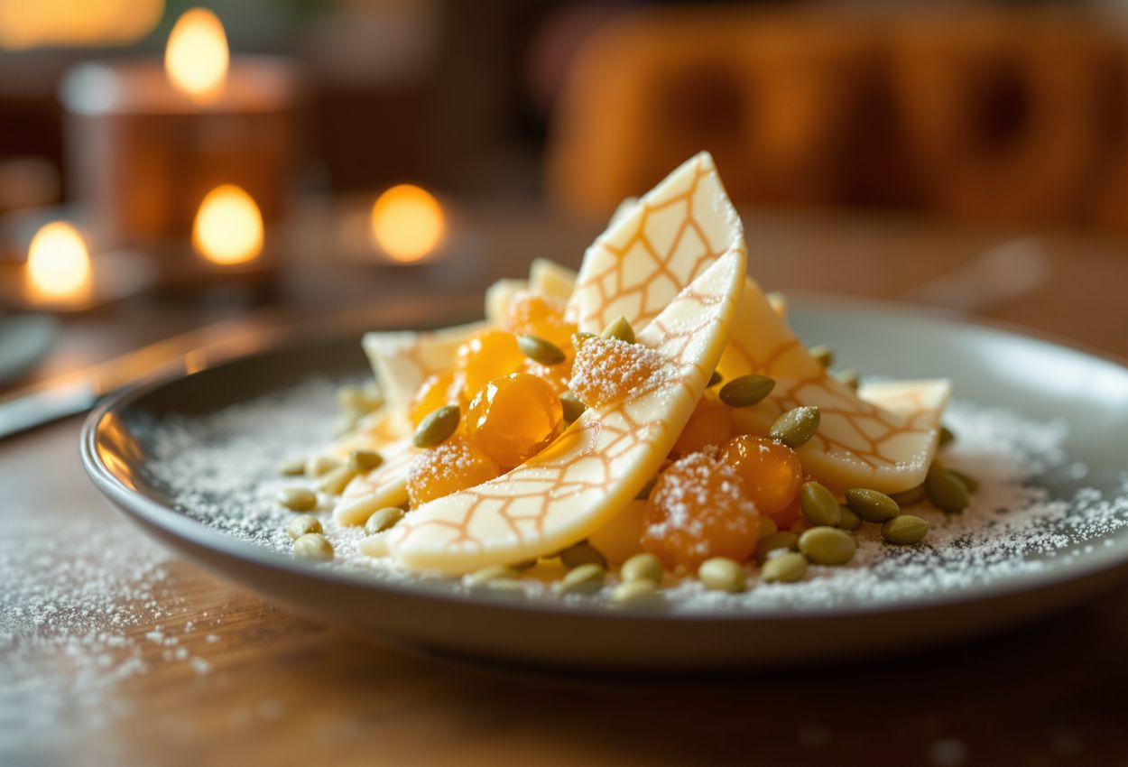 A close‑up photograph of a decadent dessert featuring white chocolate shards, clustered amber seabuckthorn berries, and green pumpkin seeds dusted with powdered sugar. The warm, blurred background suggests a cozy, upscale restaurant environment.